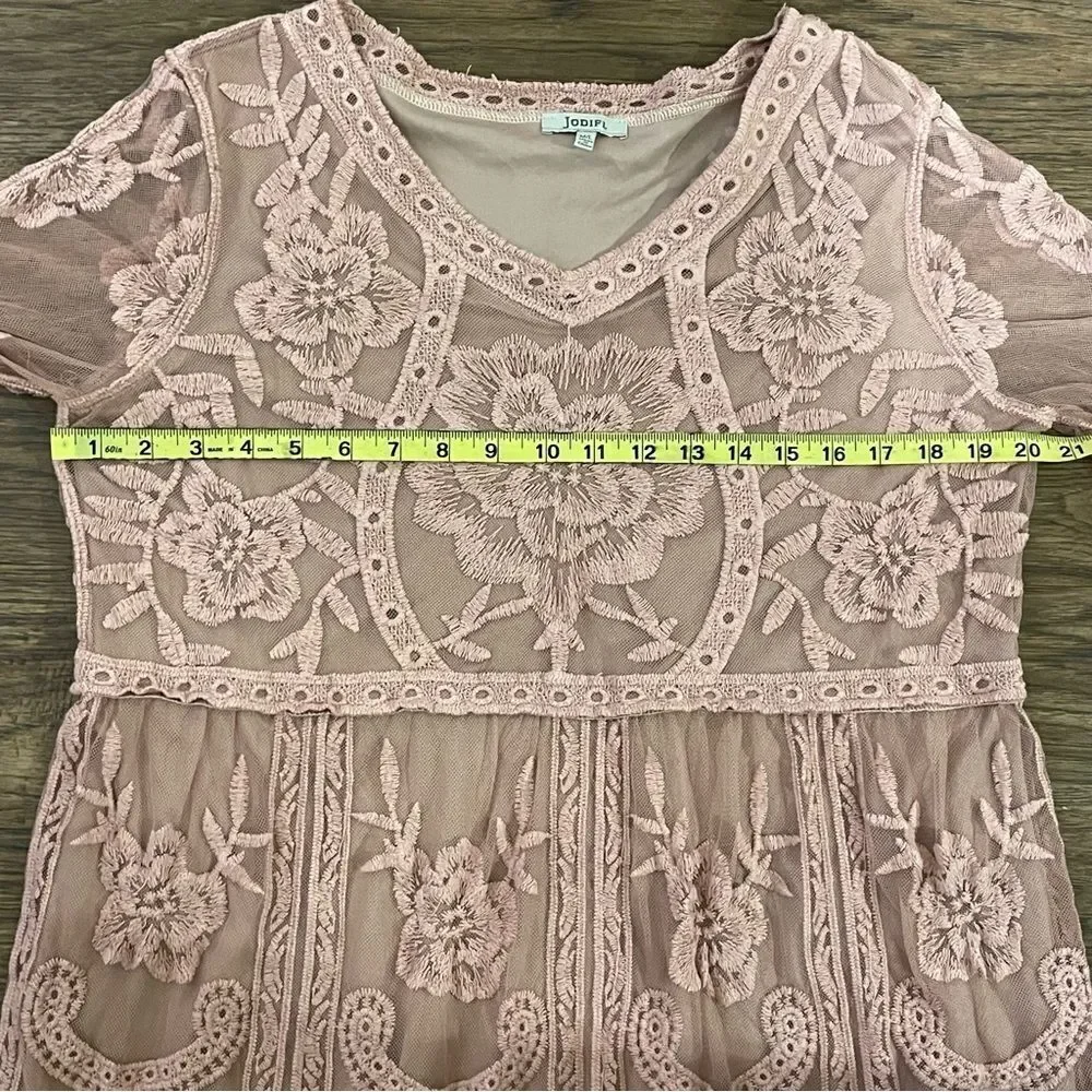 Jodifl Boho Hippie Blush Pink Dress Embroidered Sheer Mesh Over Lining Sz M/L